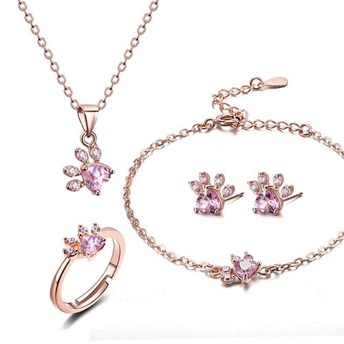 4-Piece Rose Gold Paw Jewelry Set with Zirconia Heart (Includes Ring, Necklace, Earrings, and Bracelet)