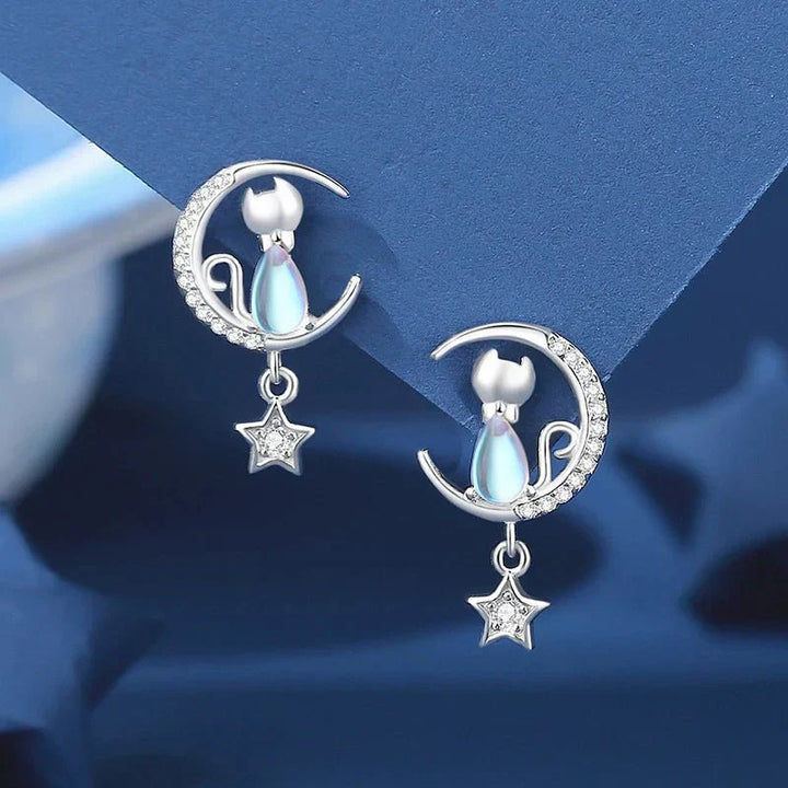 925 Sterling Silver Cat Earrings with Moon, Star, and Zircon Accents