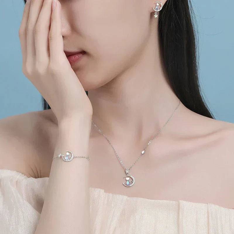 925 Sterling Silver Cat Earrings with Moon, Star, and Zircon Accents