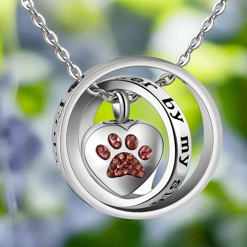 "Forever in My Heart, Always by My Side" – Stainless Steel Paw Print Urn Necklace