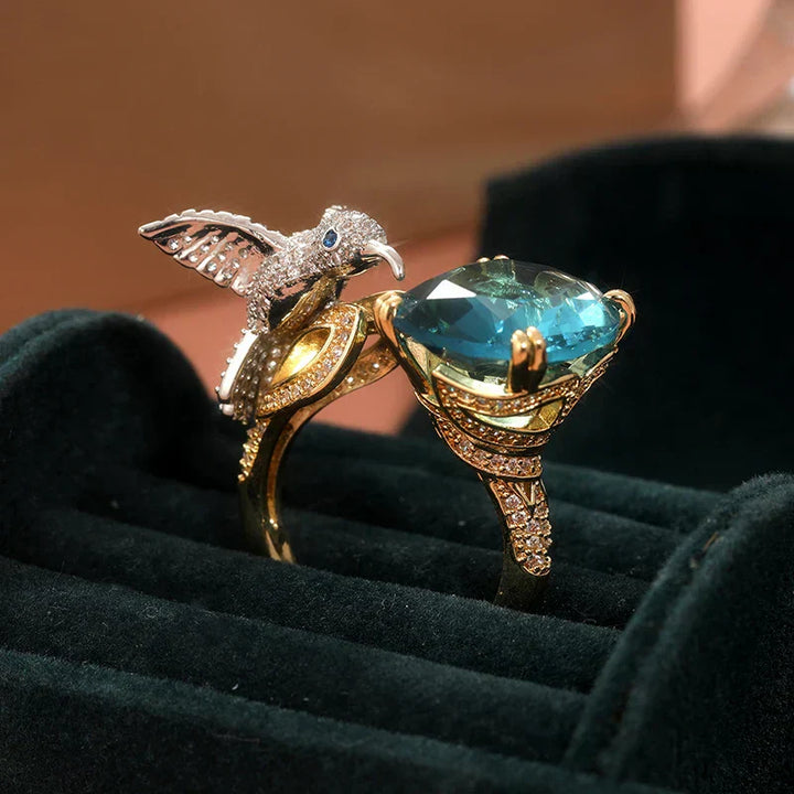 14K Gold Plated Adjustable Hummingbird Ring in Aquamarine Hue