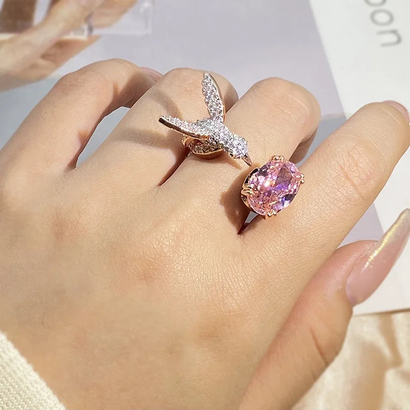 Adjustable Hummingbird Gemstone Ring – Zircon in 14K Gold Finish