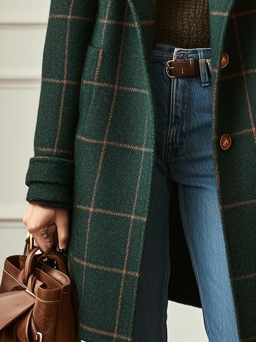 Women's-Retro Lapel Plaid Tweed Coat