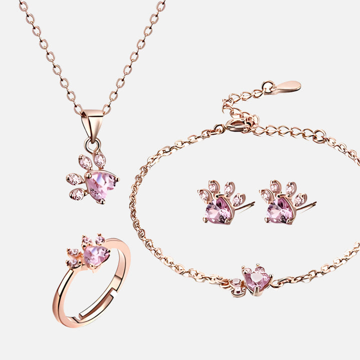 4-Piece Rose Gold Paw Jewelry Set with Zirconia Heart (Includes Ring, Necklace, Earrings, and Bracelet)
