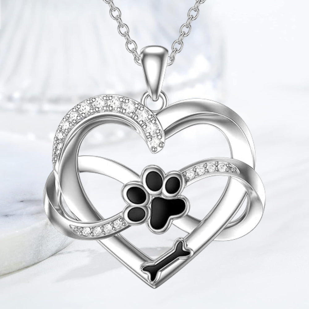 925 Sterling Silver Infinity Heart and Paw Necklace with Zirconia